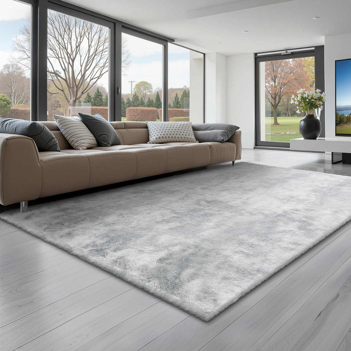 Indoor Plush Area Rugs, 6 x 9 ft Soft Plush Carpet, Furry Shag Area Rugs for Living Room, Bedroom, Modern Home Decor Aesthetic Long-Pile Rug, Non-Shedding, Slip-Resistant, Tie-Dye Light Gray