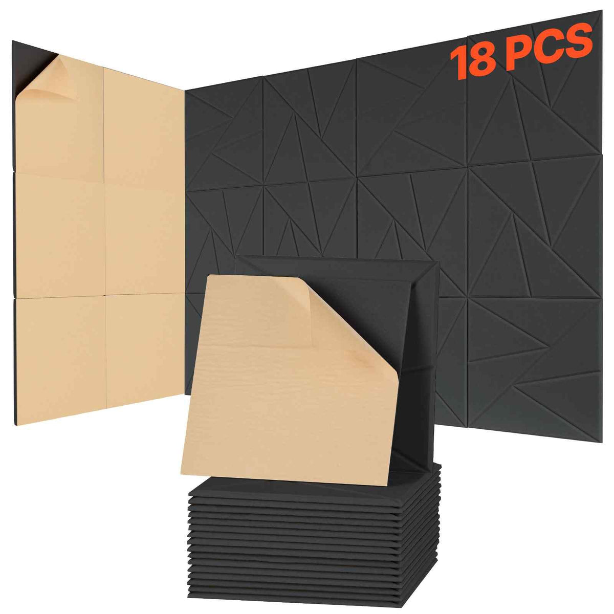 18 Pack Acoustic Panels with Self Adhesive, 11.8 x 11.8 x 0.4 inch Sound Proof Foam Panels, Polyester Fiber Soundproof Wall Panels High Density, for Home, Studio, Office, Theater, Black