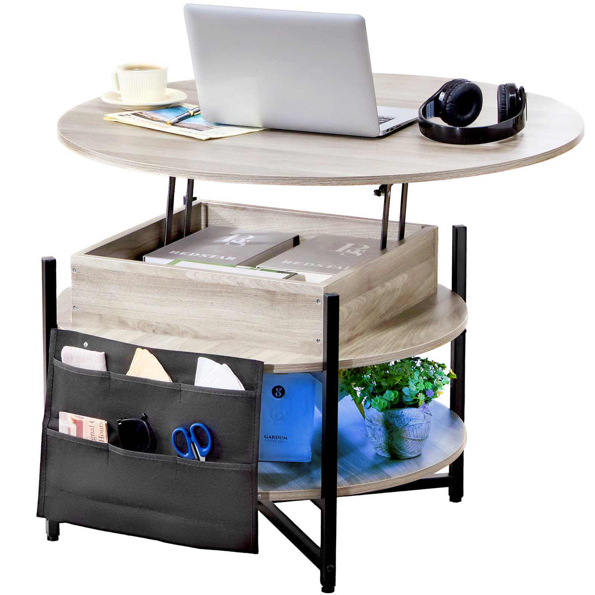 Lift Top Coffee Table, 35.3 in Round Coffee Table with Extra Storage Pockets, Pop Up Coffee Table for Living Room, White