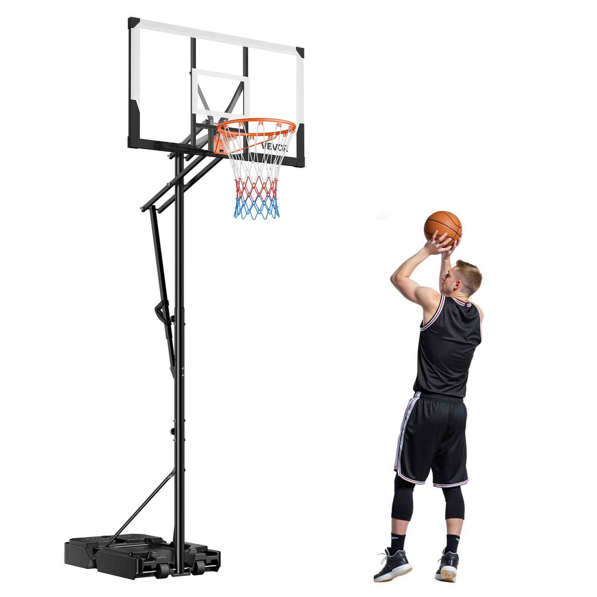 Portable Basketball Stand, 7.7 to 10 ft Height Adjustment Basketball Hoop & Goal, Portable Basketballs Hoop with 48 inch PC Backboard & Wheels for Kids, Teens, Adults in Driveways, Pools
