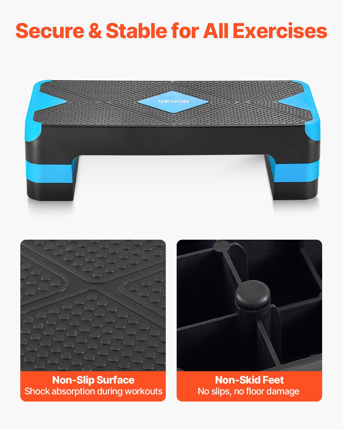 Aerobic Exercise Step Platform, 28-Inch Workout Aerobic Stepper, Height Adjustable Fitness Training Step Deck Trainer with 4 Risers, Non-Slip Surface Bench for Home Gym Cardio Strength, Blue