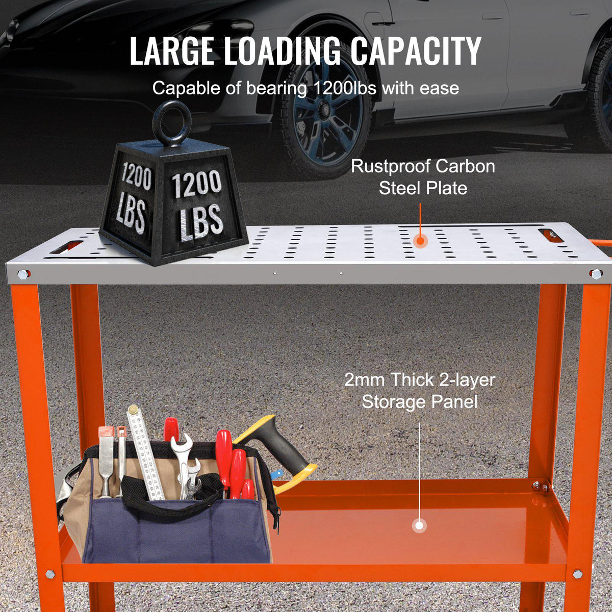 36" x 18" Welding Table, 1200lbs Load Capacity Steel Welding Workbench Table on Wheels, Portable Work Bench with Braking Lockable Casters, 4 Tool Slots, 5/8-inch Fixture Holes, Tool Tray