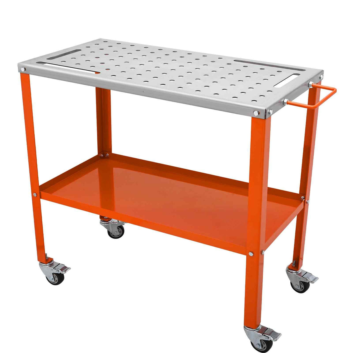 36" x 18" Welding Table, 1200lbs Load Capacity Steel Welding Workbench Table on Wheels, Portable Work Bench with Braking Lockable Casters, 4 Tool Slots, 5/8-inch Fixture Holes, Tool Tray