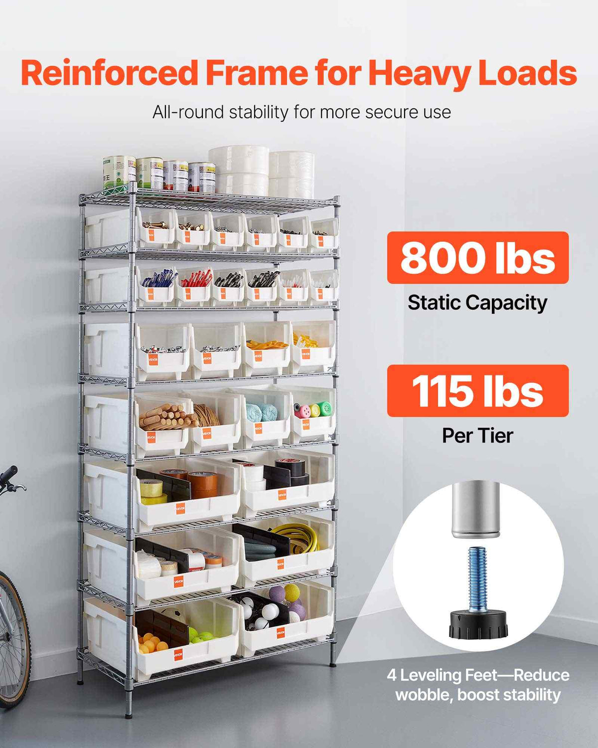 8-Tier Rolling Bin Storage Rack, 26 Organizer Bins, Bin Rack Storage Steel Wire Shelving System with Wheels, Mobile Tool Organizer for Garage, Warehouse, Office, Restaurant, Classroom, Kitchen