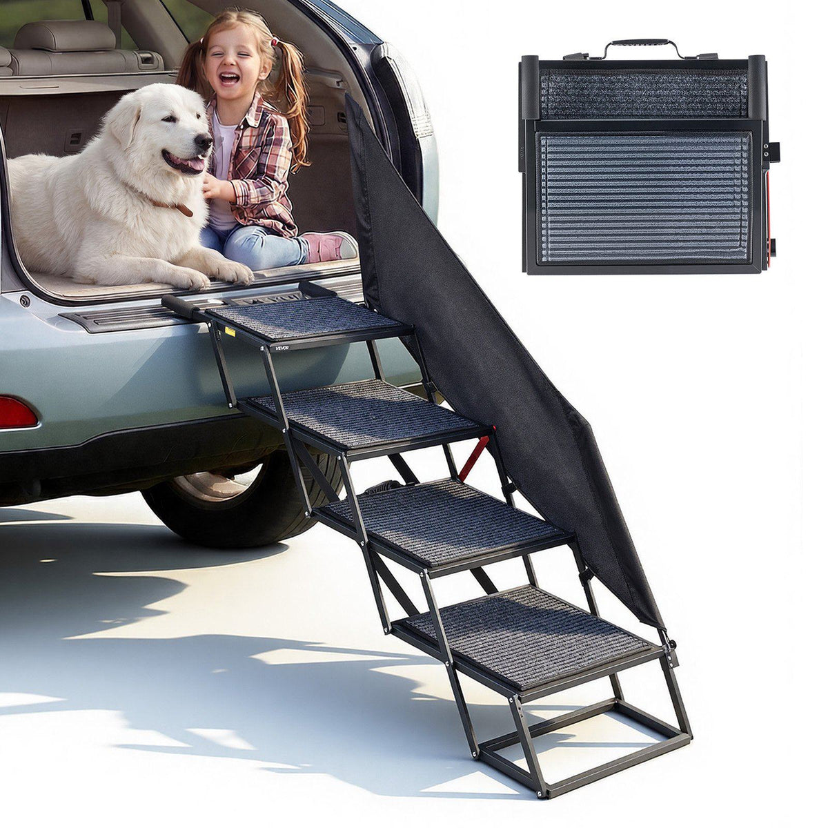 Dog Stairs for Car, 4 Steps Extra Wide Foldable Dog Ramp for Large Dogs with Non-Slip Rug Surface, Portable Lightweight Pet Ladder for Car, SUV, Truck, High Beds, Sofas, Support up to 400 lbs