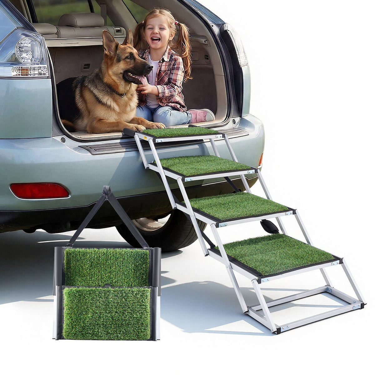 Dog Stairs for Car, 4 Steps Extra Wide Foldable Dog Ramp for Large Dogs with Non-Slip Surface, Portable Lightweight Pet Stairs Ladder for Car, SUV, Truck, High Bed, Sofa, Support up to 200 lbs