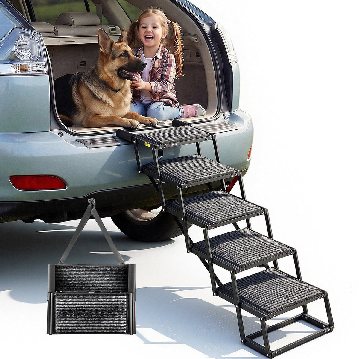 Dog Stairs for Car, 5 Steps Extra Wide Foldable Dog Ramp for Large Dogs with Non-Slip Rug Surface, Portable Lightweight Pet Ladder for Car, SUV, Truck, High Beds, Sofas, Support up to 200 lbs