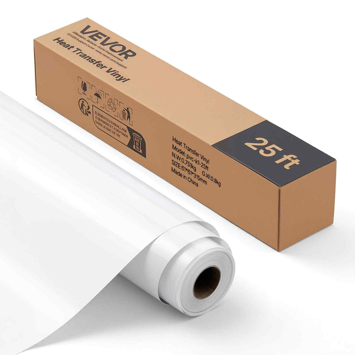 Heat Transfer Vinyl, 12 in x 25 ft, Glossy White HTV Iron on Vinyl Roll, Easy to Cut and Weed, Strong Adhesion, Compatible with Cutting Machines, for Various Materials, T-shirts, Pillows, Hats