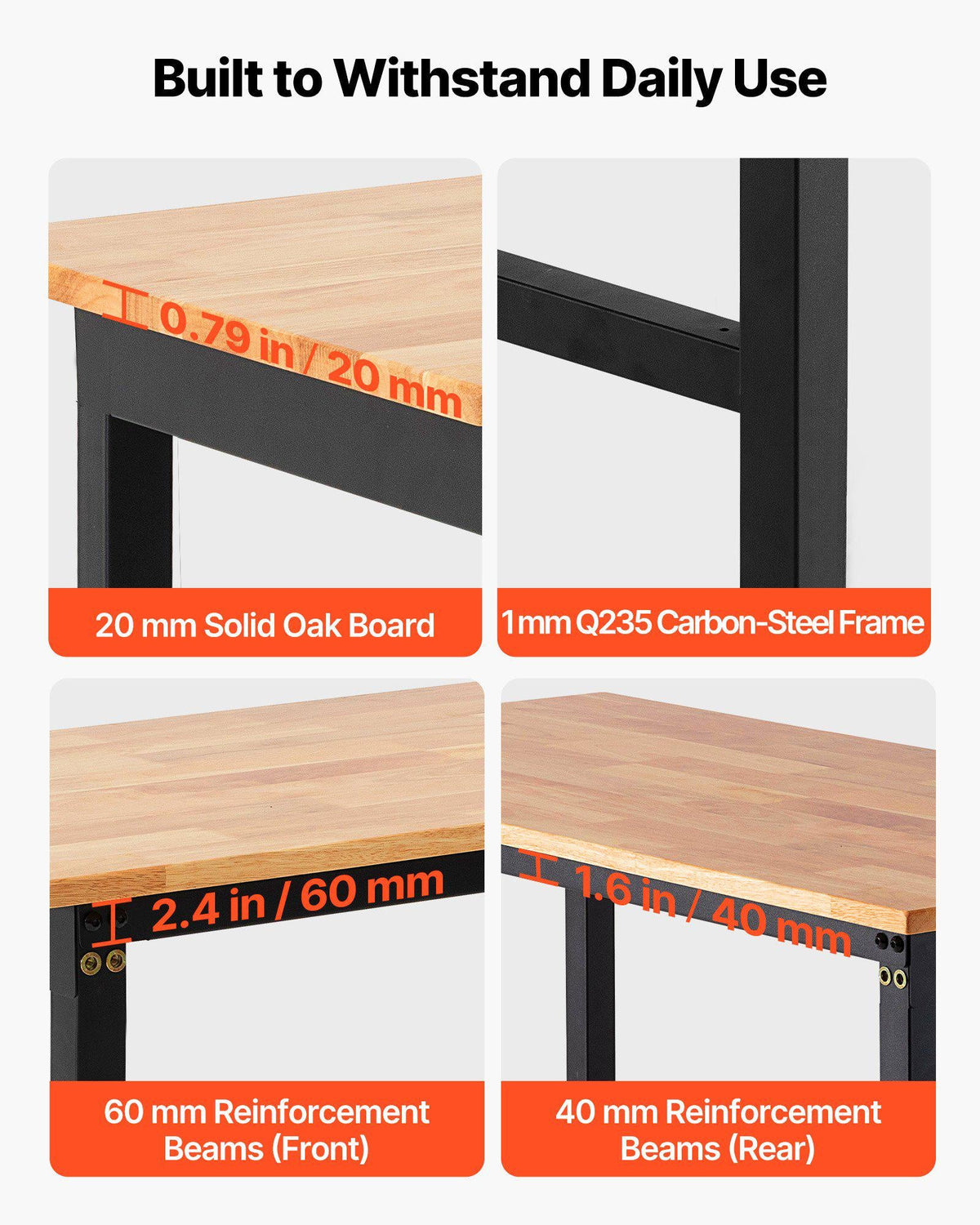 Adjustable Workbench, 1500 lbs Capacity, 48 x 24 Inch Oak Wood Top Workbench with 26.3-40.2 Inch Height Adjustment, Heavy-Duty Hardwood Worktable for Garage, Workshop, Home, Office, Commercial