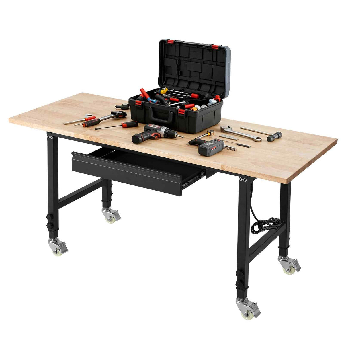 Adjustable Workbench on Wheels, 2000 lbs Capacity, 60 x 24 Inch Oak Wood Top Workbench with Drawer & Power Outlets, Heavy-Duty Hardwood Worktable for Garage, Workshop, Home, Office, Commercial