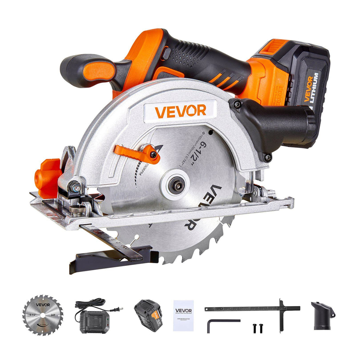 Cordless Circular Saw, 6-1/2 inch Blade, 4700 RPM Speed, 0-45 Degree Bevel Capability, Brushless Motor, LED Light, Electric Circular Saw Kit with Battery and Charger Included, for Wood Cutting