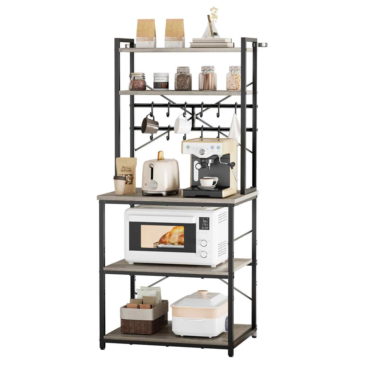 Kitchen Bakers Rack, 23.6 inch Width Bakers Rack, Kitchen Stand with X-Shaped Support Bar, 12 S-Shaped Hooks, Double-Layer Top Shelf, Coffee Bar Stand for Dishes & Bowls, Spice Bottles