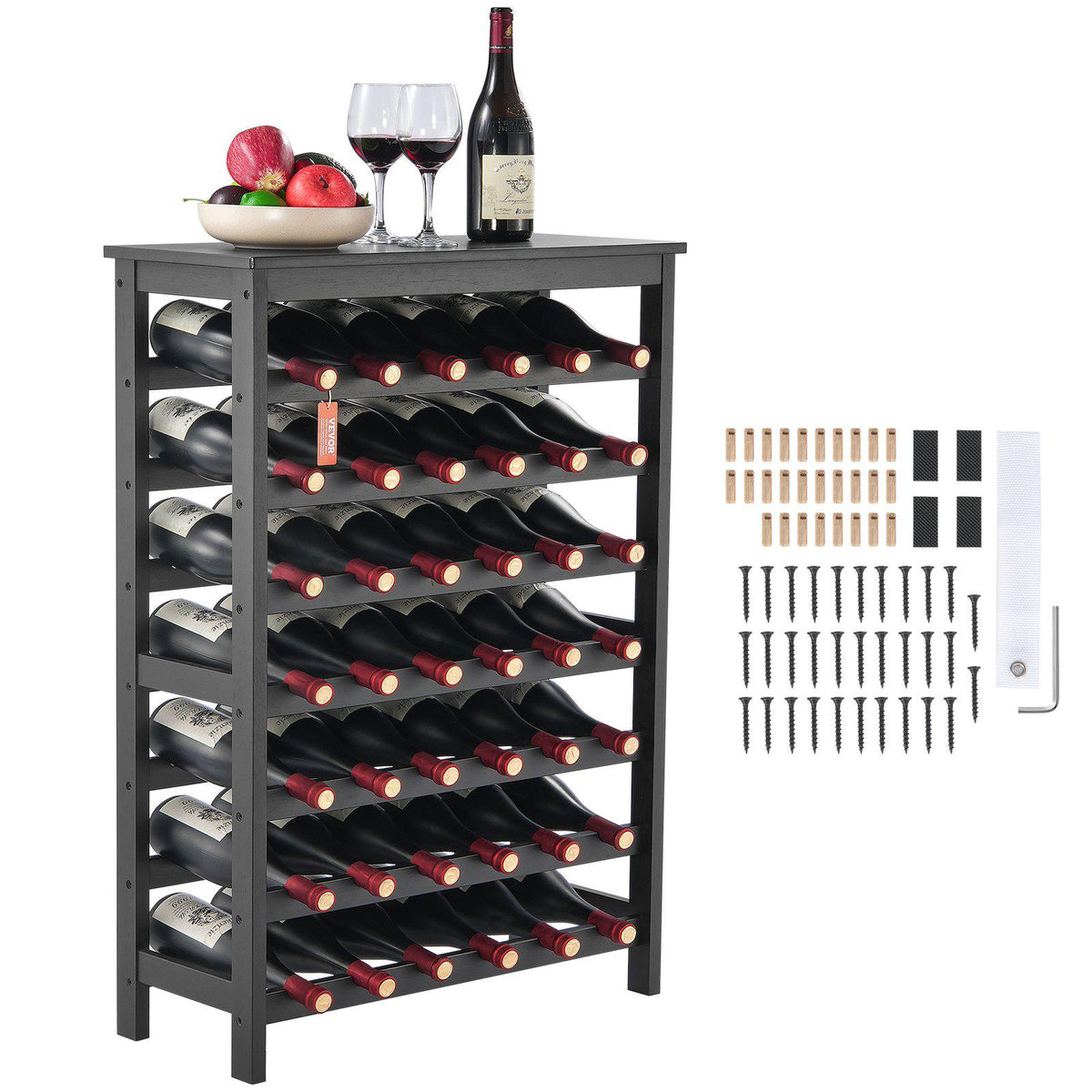 42 Bottle Modular  Rack, 7-Tier Solid Bamboo Wood Storage Racks with Table Top, Floor Freestanding s Holder Display Shelf, Wobble-Free Shelves for Kitchen, Bar, and Cellar (Black)