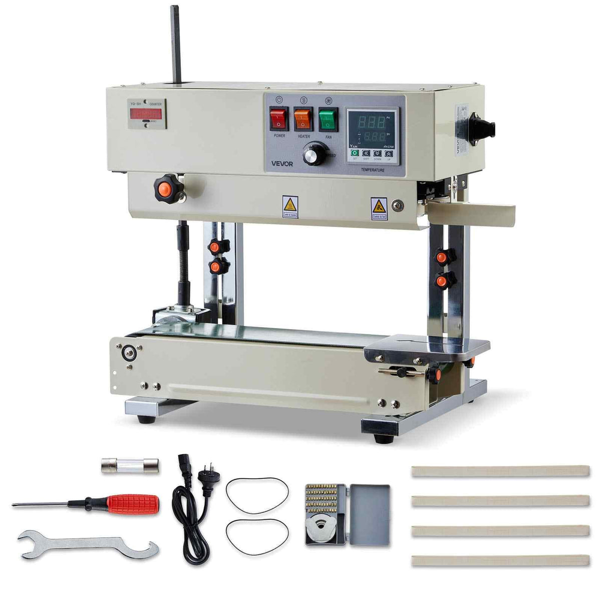 Continuous Bag Band Sealing Machine, 0.24-0.47 in Seal Width, Vertical Band Sealer Machine with Roller Printing , Temp & Speed Adjustable, Heat Sealing Machine for 0.001-0.03 in Plastic Bags