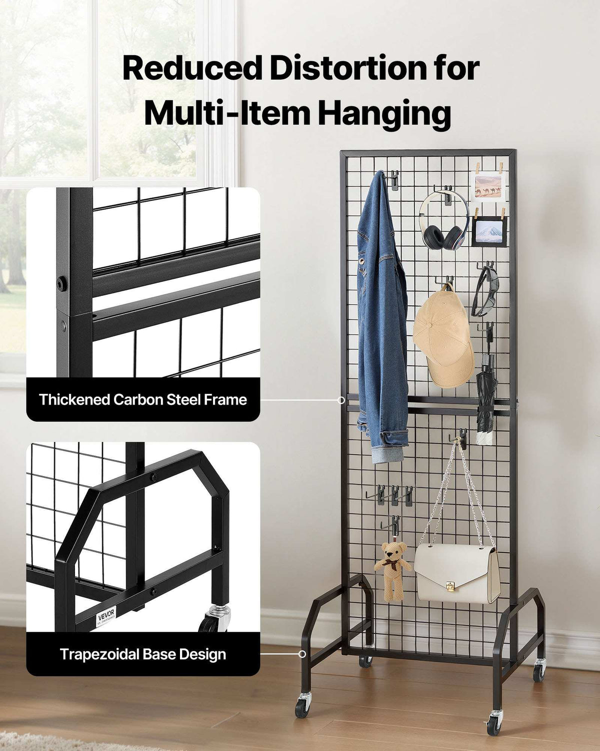 Grid Wall Panel, 1.9 x 5.4 ft Wire Grid Panels Display Rack, Movable Art Display Shelf with Wheels and 10 Hooks, Black Carbon Steel Gridwall for Craft Show, Decoration, Storage, Notice Board