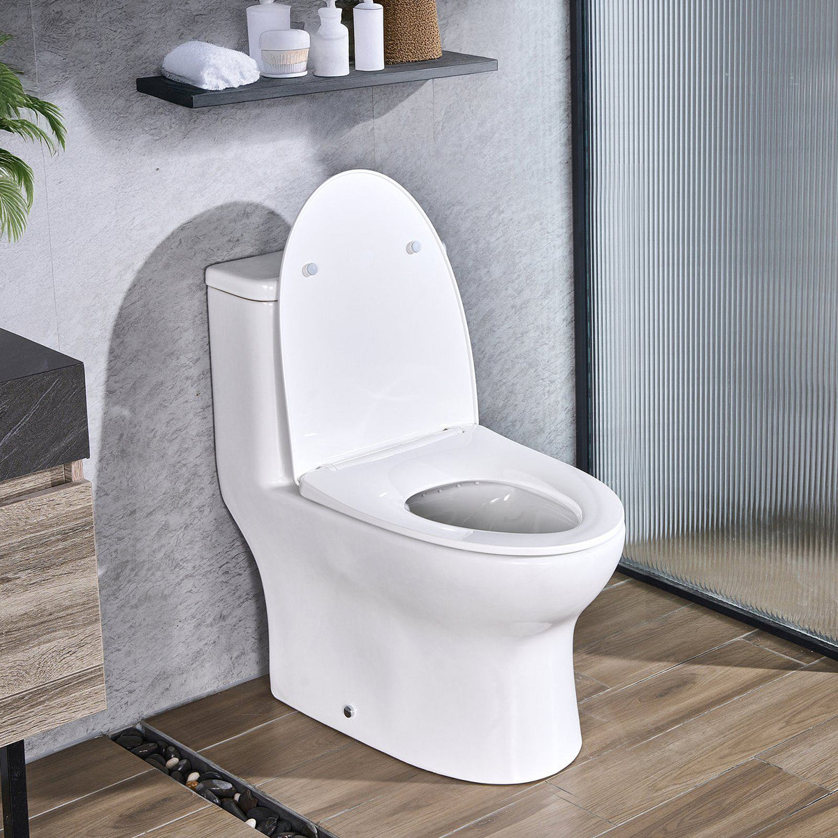 One-Piece Toilet, Elongated Toilet Vortex Dual-Flush 1.0/1.28 GPF, Toilets for Bathroom with Comfortable Chair Seat, Standard Height, 12 inch Rough-In, White + Silver, Easy-Clean Skirted Design