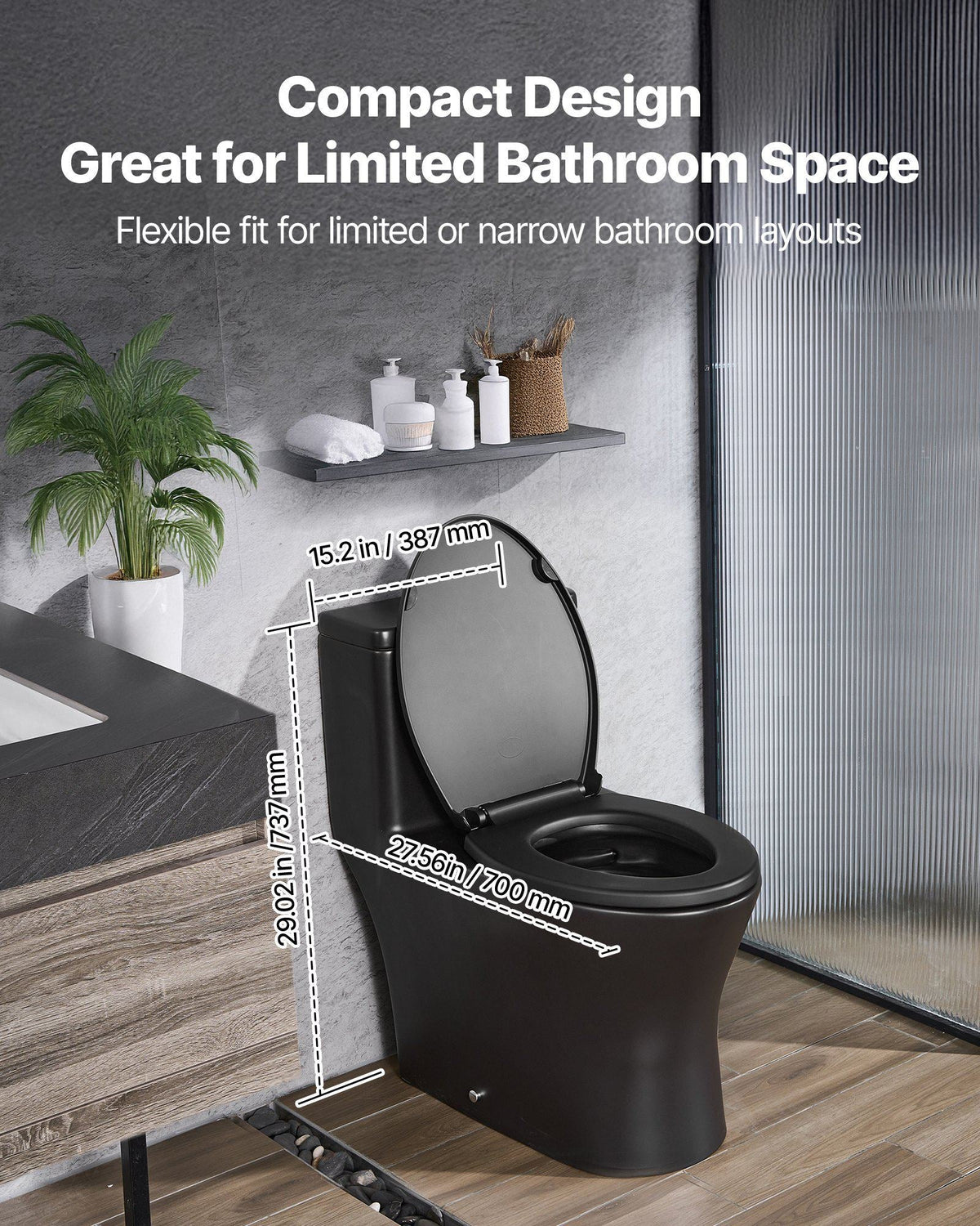 One-Piece Toilet, Elongated Toilet Vortex Dual-Flush 1.0/1.28 GPF, Toilets for Bathroom with Comfortable Chair Seat, Standard Height, Easy-Clean Skirted Design, 12″ Rough-In, Matte Black+ Black