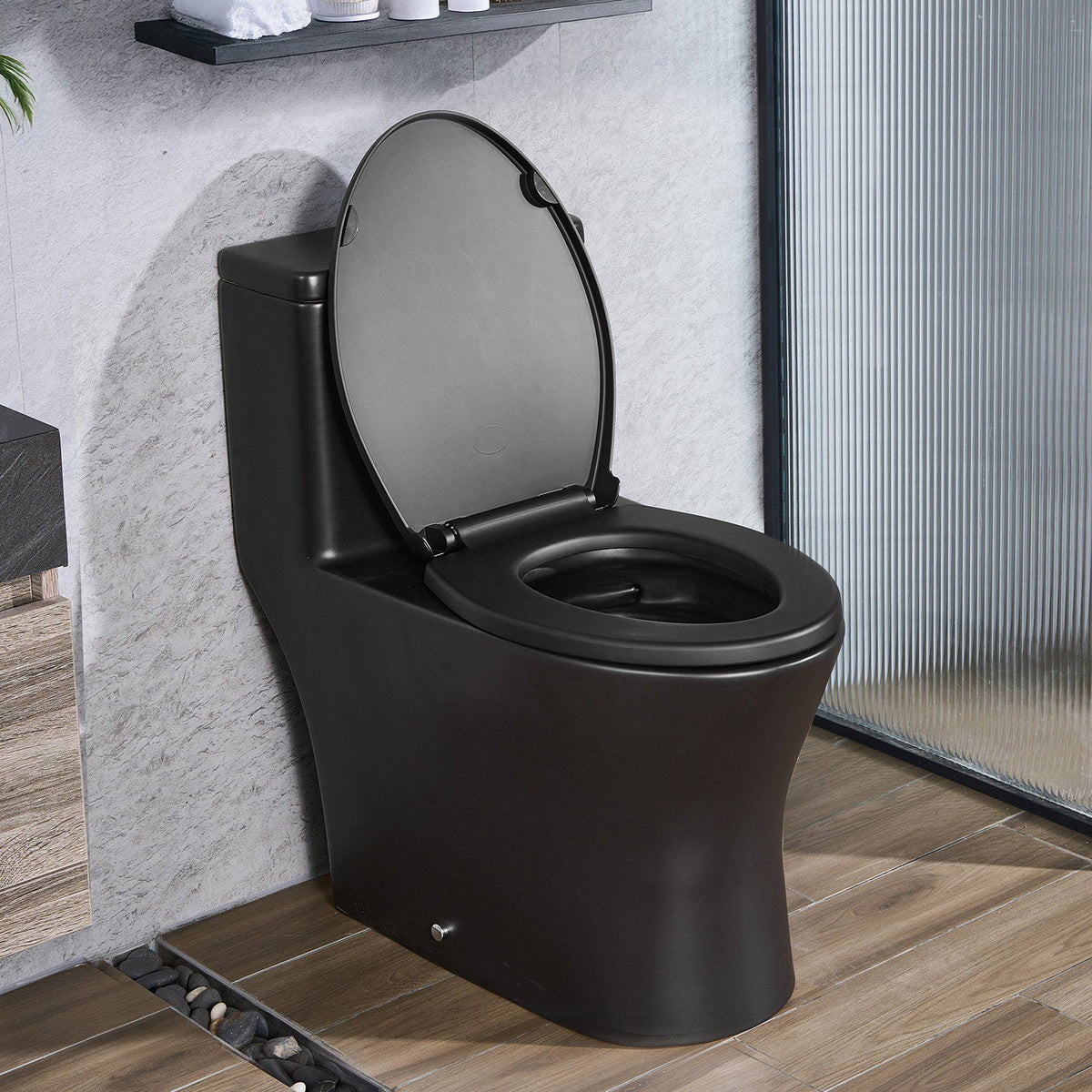 One-Piece Toilet, Elongated Toilet Vortex Dual-Flush 1.0/1.28 GPF, Toilets for Bathroom with Comfortable Chair Seat, Standard Height, Easy-Clean Skirted Design, 12″ Rough-In, Matte Black+ Black