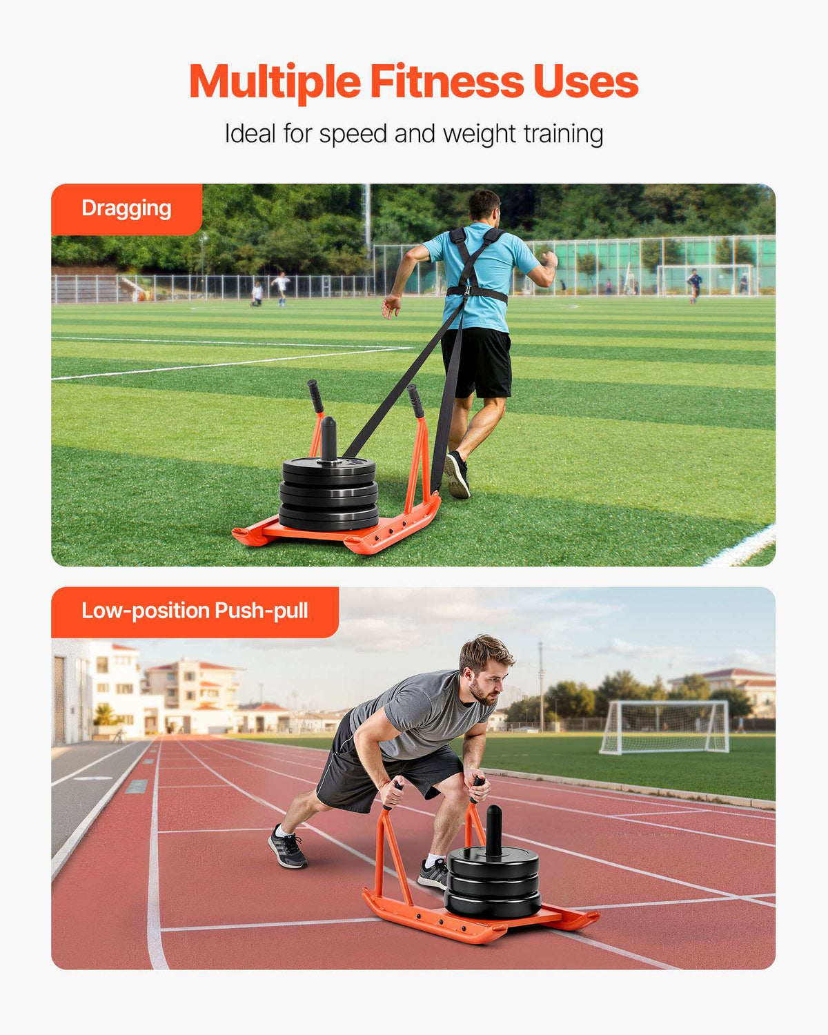 Weight Sled, Steel Power Sled, Fitness Strength Training Sleds for Athletic Exercise Speed Improvement, Workout Fitness Equipment with Handle, Compatible with 1/2 in Weight Plates, Orange