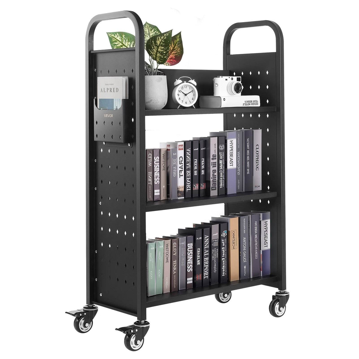 Rolling Library Book Cart, 330 lbs Capacity, 30.3 x 15 x 48.0-Inch Library Cart, Single Sided L-Shaped Shelves with 3-Inch Lockable Wheels, Book Truck for Home Shelves Office and School, Black