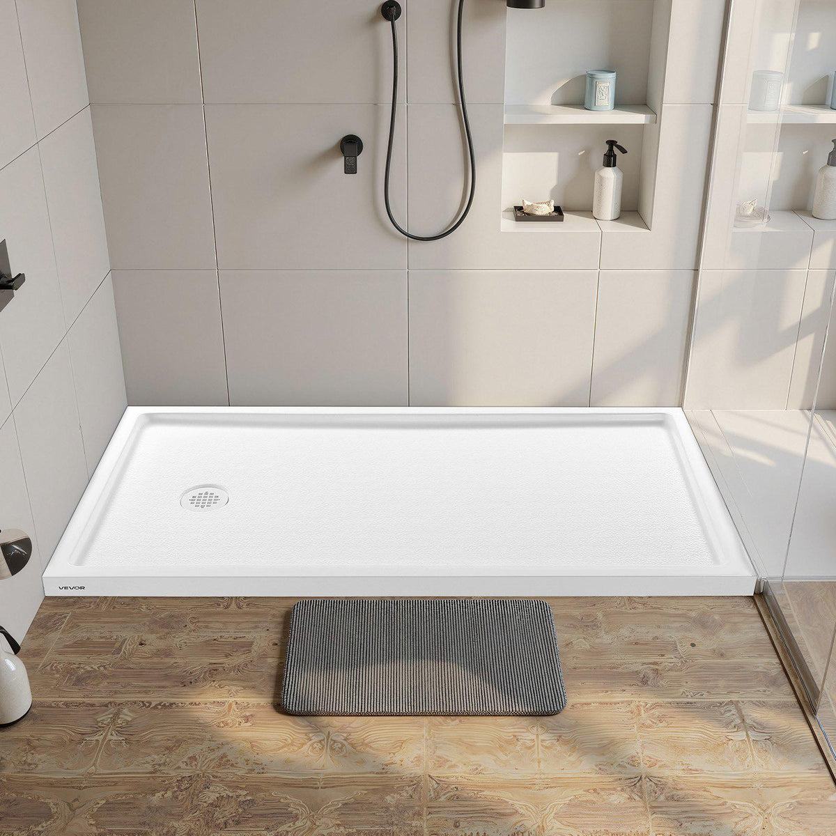 Shower Pan, 60″ L x 32″ W Single Threshold Shower Base, Rectangle Acrylic & PVC Showering Base in White, Slip-Resistant Showering Pan Bases with Drain & Cover for Bathroom, Left Drain Location
