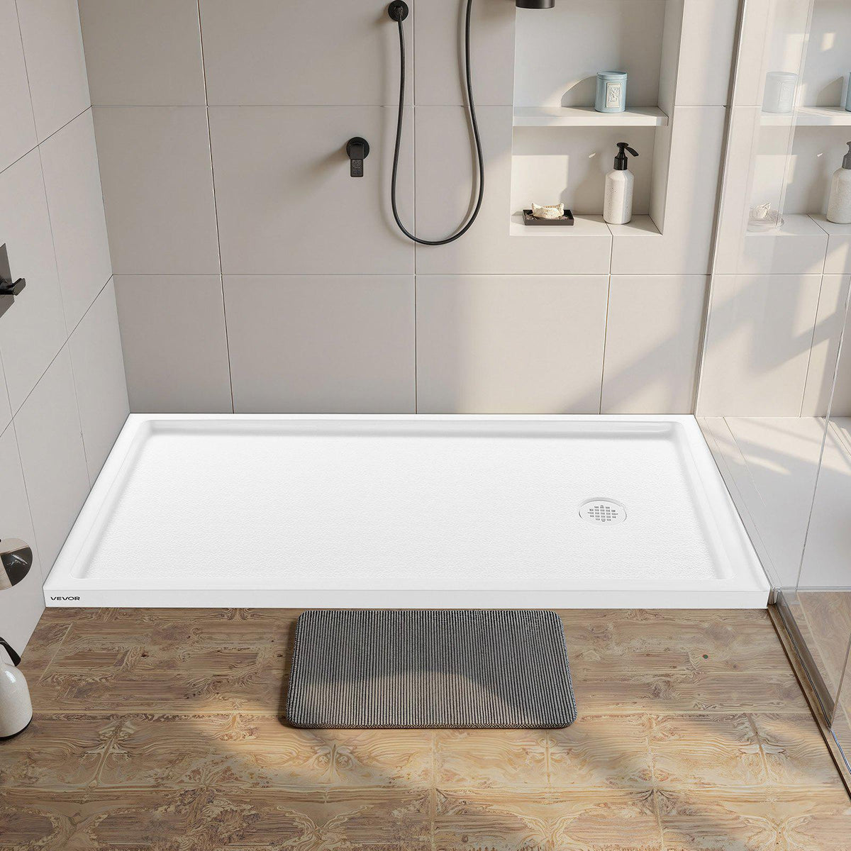 Shower Pan, 60″ L x 32″ W Single Threshold Shower Base, Rectangle Acrylic & PVC Showering Base in White, Slip-Resistant Showering Pan Bases with Drain & Cover for Bathroom, Right Drain Location