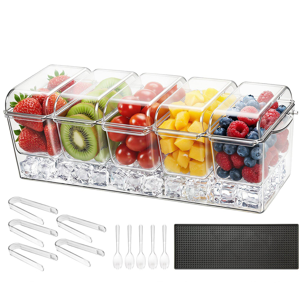 Chilled Condiment Server Caddy, 5 Compartment Ice Cooled Serving Container, Plastic Fruit Garnish Tray Platter with Separate Lid, for Taco Salad Bar Accessories, Party Home Restaurant Supplies