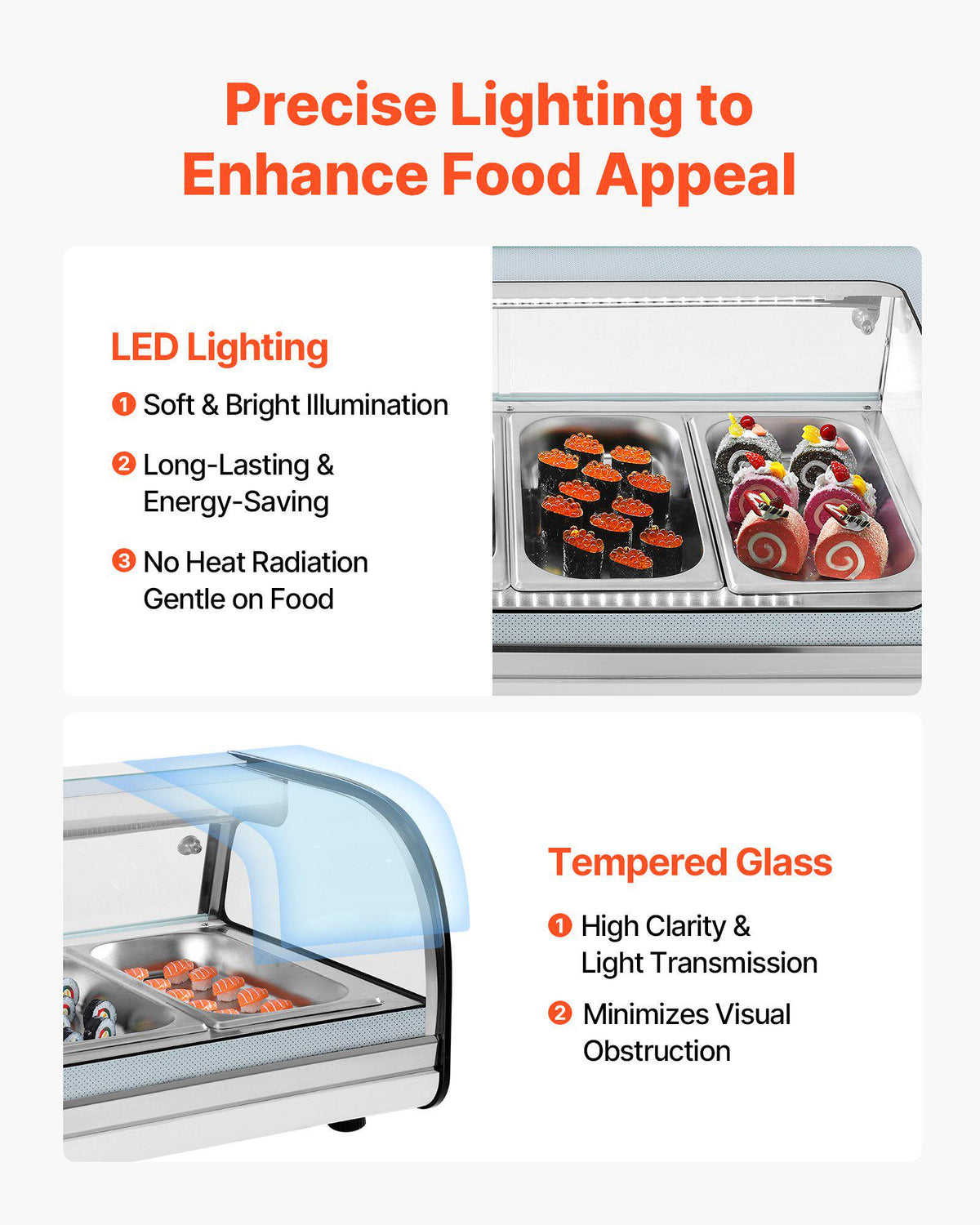 Sushi Display Case Refrigerator, 2.5 Cu.ft Commercial Sushi Case, 7-Pan Countertop  Showcase with Curved Glass, LED Lighting, and Digital Temperature Control, for Sushi-Bar, Restaurant, Store