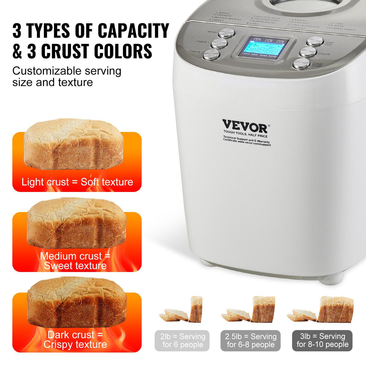 Bread Maker, 15-in-1 3LB Dough Machine, Nonstick Ceramic Pan Automatic Breadmaker with Gluten Free Setting, Whole Wheat Bread Making, Digital, Programmable, 3 Loaf Sizes, 3 Crust Colors, White