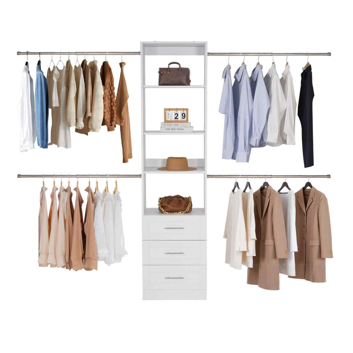 Closet System with 3 Drawers, Adjustable Height Wooden Closet Organizers, Modern Walk-in Wardrobe Organization with 4 Retractable Clothes Hanger Rods, Freestanding Garment Rack Storage, White