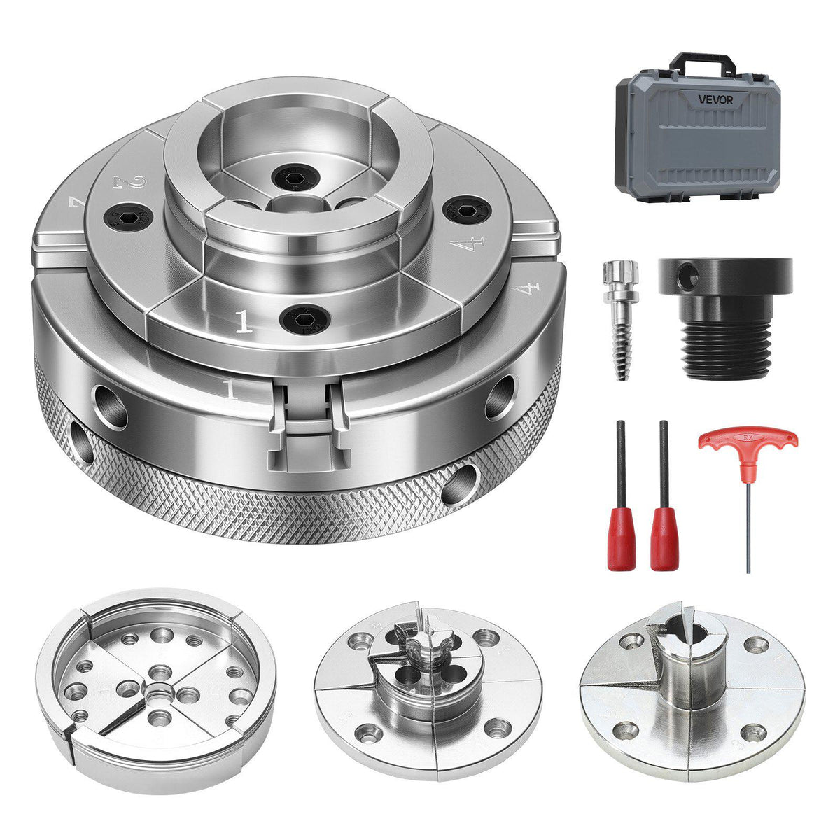 4 Inch Wood Lathe Chuck, 4-Jaw, Self-Centering Wood Turning Chuck Set with 1" x 8TPI Thread & Adapter, 4 PCS Round/Step/Pin Jaws, Case, Nickel-Plated, High-Hardness Steel, for Woodworking Lathe