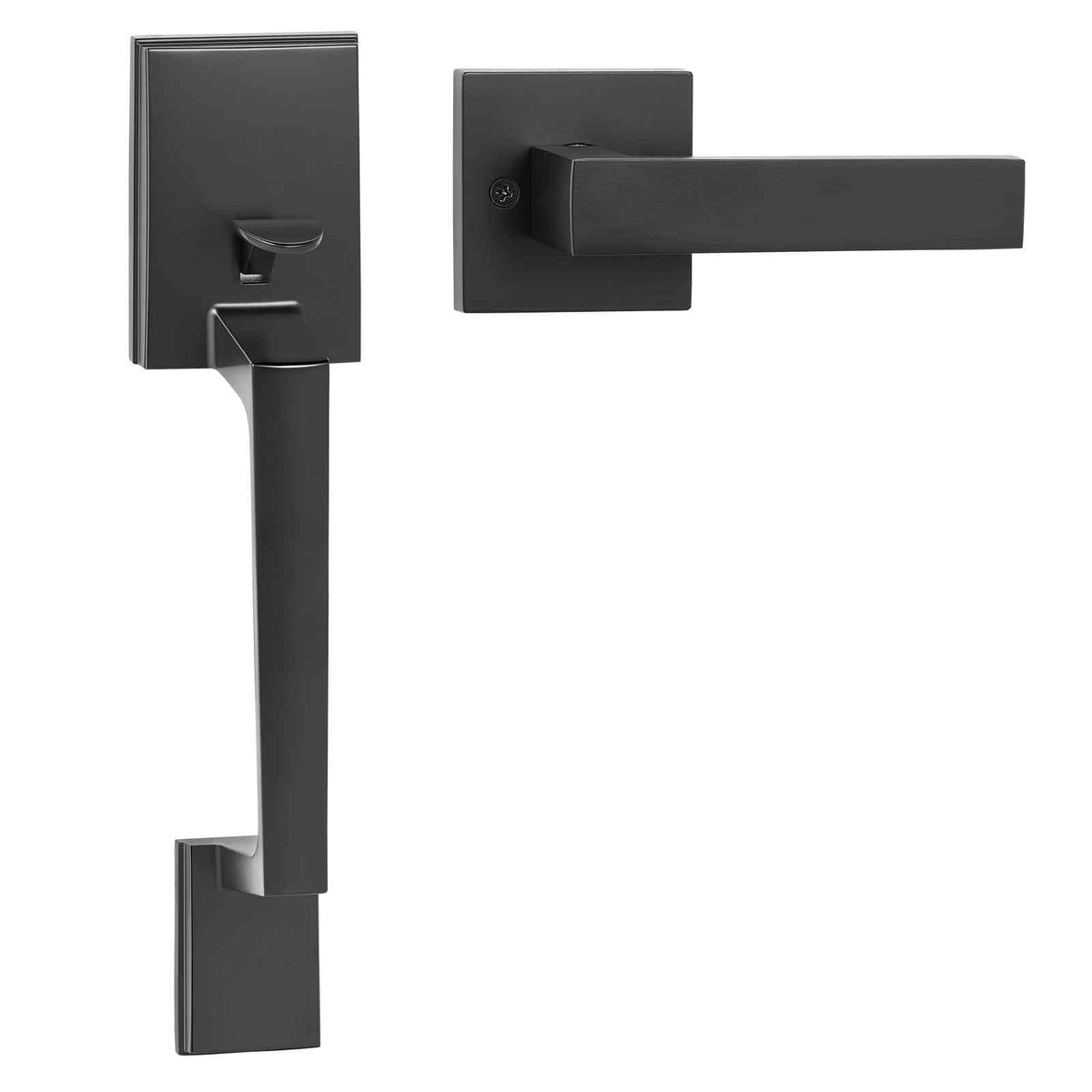 Front Door Handle, Square Entry Handle Set with Lever, No Lock, Adjustable Hole Space, Zinc Alloy Die-Casting, Reversible for Right and Left Handed Entrance and Front Doors, Matte Black