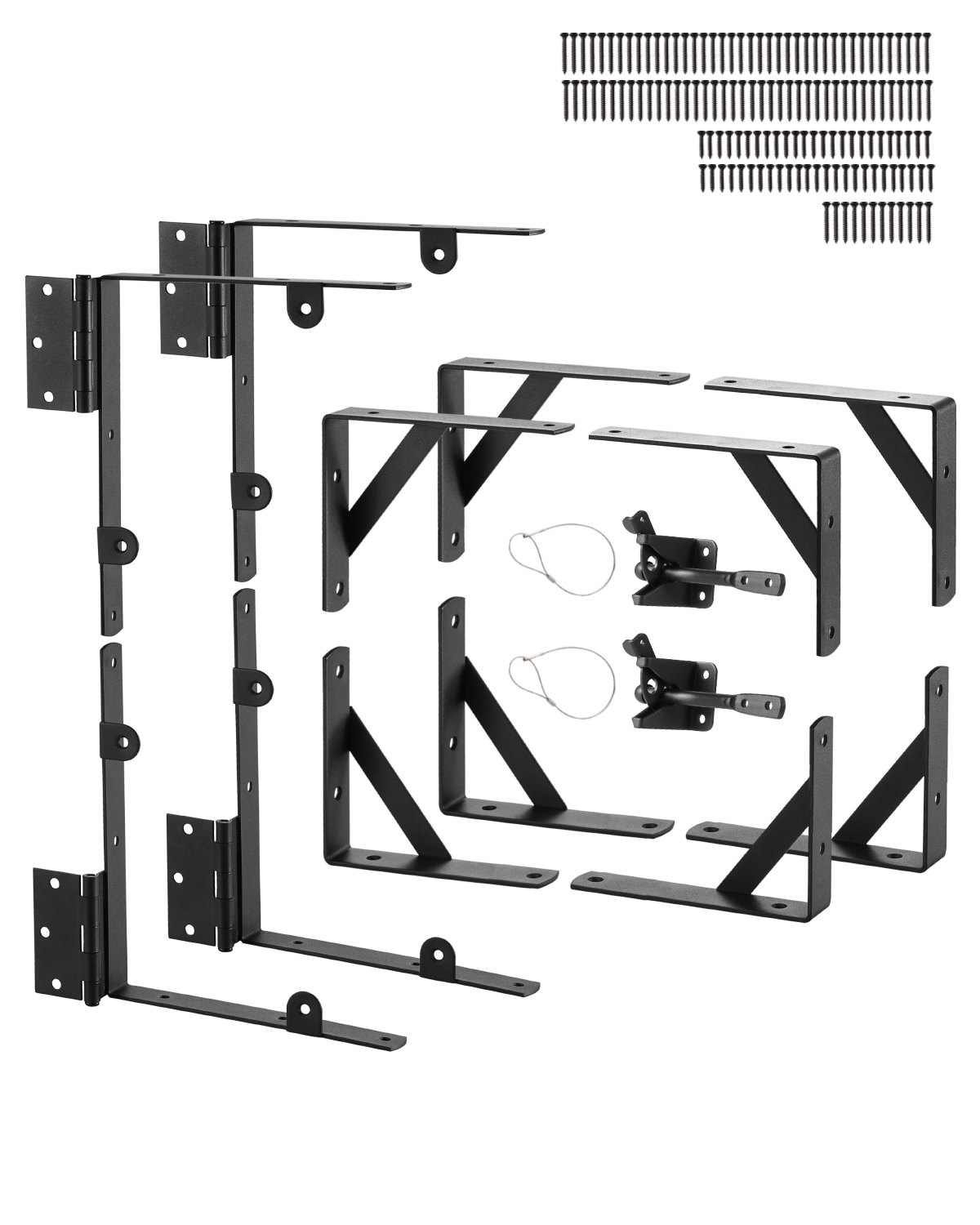 Gate Corner Brace Bracket, 2 Sets, Anti Sag Gate Frame Hardware Kit, Gate Frame Brace Bracket with Latch Lock, Screws, for Shed Doors, Corral Gates, Driveway Gates, Wood Windows, Iron, Black