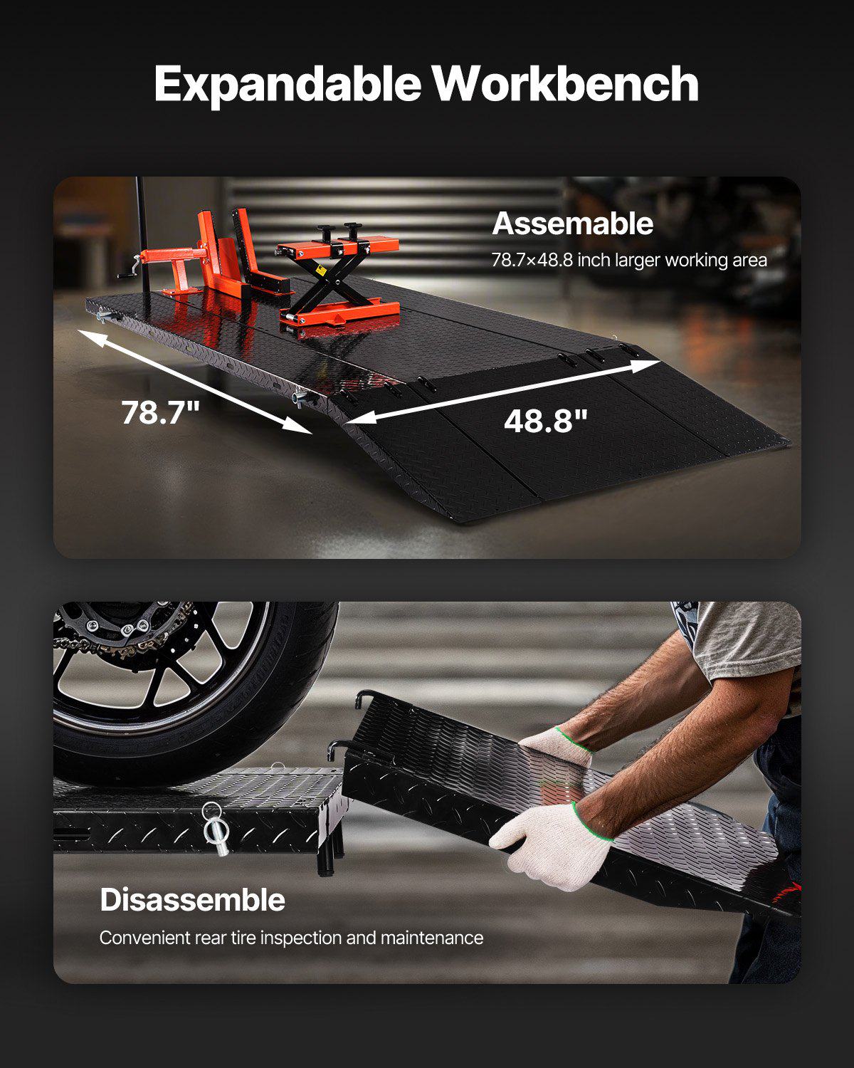 Motorcycle Lift Table, 1500lbs Weight Capacity, Pneumatic Motorcycle Jack, 8.6-31 in Height Range, Heavy Duty Bike Repair Stand with Removable Workbench, Repair Platform for ATVs, Dirt Bike