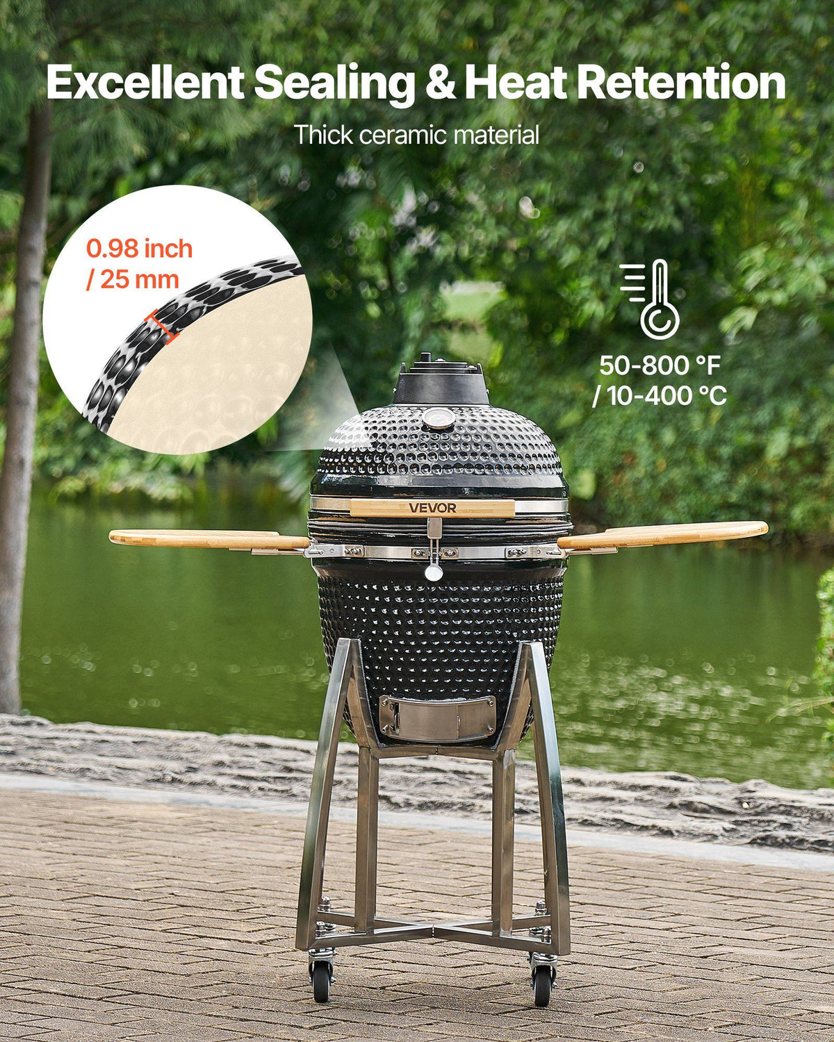 Charcoal Smoker and Grill, 18" Kamado Charcoal BBQ Smoker, Movable Ceramic Barbecue Grill with 4 Wheels (2 Lockable), Built-in Thermometer, Air Vents & Side Shelf for Outdoor Patio Yard Cooking