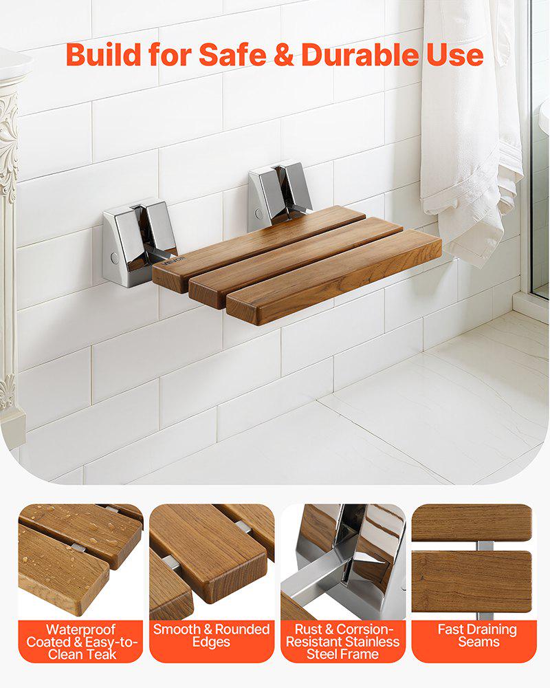 Foldable Shower Seat Wall Mounted, 15.7" Teak Folding Shower Bench, 330LBS Fold-Down Bathroom Corridor Seat with Stainless Steel Frame for Adults Seniors, Waterproof & Easy-to-Clean
