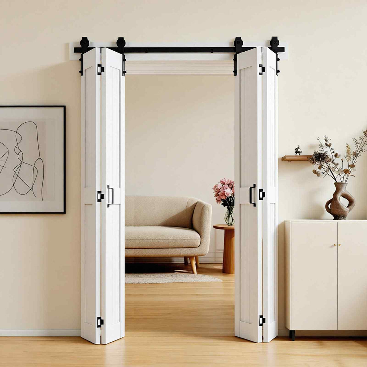 Bifold Barn Door, 60" x 84", MDF Bi-Fold Sliding Closet Doors, Hardware Kit Included, H-Frame Space-Saving Design, Pre-Assembled Panels for Bedroom, Living Room, Wardrobe and Room Divider, White