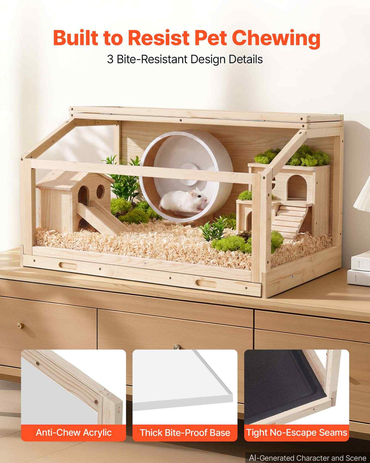 Wooden Hamster Cage 39.4"x20.5"x19.9" 270° Viewing Hamster Habitat, Chewproof Acrylic Small Animal Cage with Openable Top, Large Pet Enclosure for Syrian/Dwarf Hamsters, Guinea Pigs & Gerbils