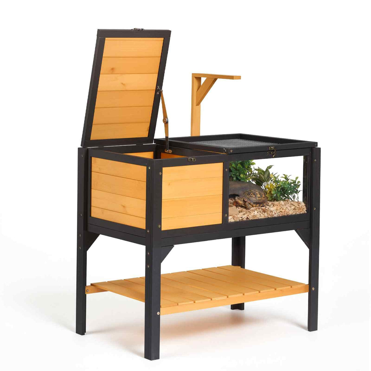Tortoise Habitat 2-Room Wooden Tortoise House with Storage Shelf, for Small Animals Indoor Outdoor, Lamp Stand, Large Turtle Enclosure Reptile Cage with Openable Roof, Acrylic Viewing Window
