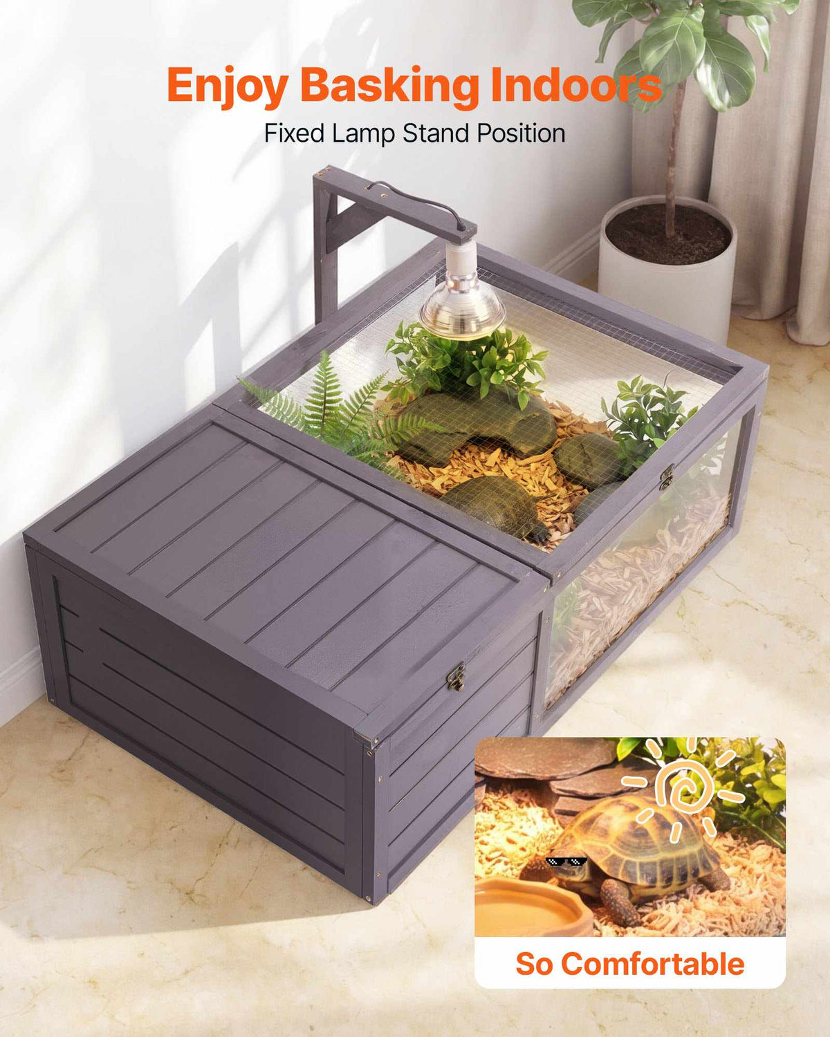 Tortoise Habitat 2-Room Wooden Tortoise House with Pull-Out Tray, for Small Animals Indoor Outdoor, Lamp Stand, Large Turtle Enclosure Reptile Cage with Openable Roof, Acrylic Viewing Window