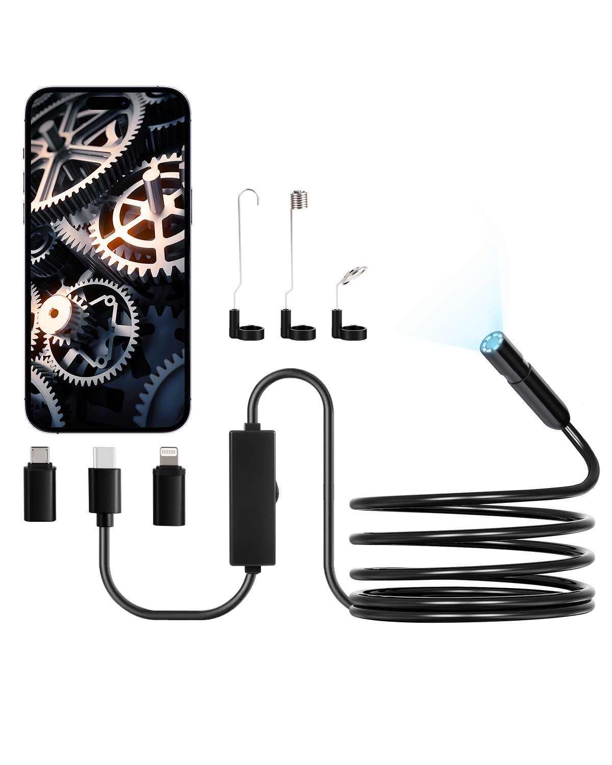 Endoscope Camera with Light, 1920P HD Borescope for Android & IOS, 8 LED Lights Inspection Camera with 10FT Semi-Rigid Cable, 2X Zoom, IP67 Waterproof Snake Scope Camera for Auto, Plumbing