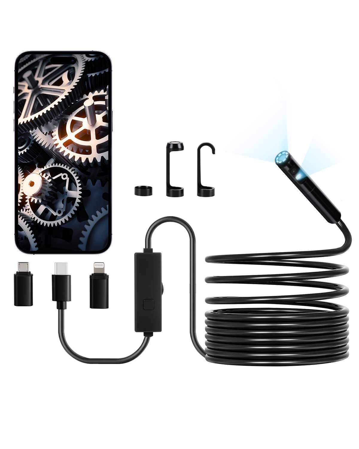 Endoscope Camera with Light, Dual Lens Borescope for Android & IOS, 1920P HD Inspection Camera with 8 + 1 LED Light, 2X Zoom, 16.4FT Snake Cable, IP67 Waterproof Snake Camera for Auto, Plumbing