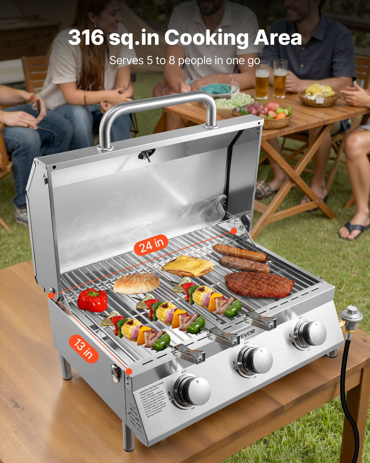 Tabletop Gas Grill, 3-Burner Stainless Steel Portable Propane Grill, with Built-in Thermometer, Travel Locks, Weatherproof Lid, 22,500 BTU Total, for Outdoor Cooking, Patio, Party, Camping, RV