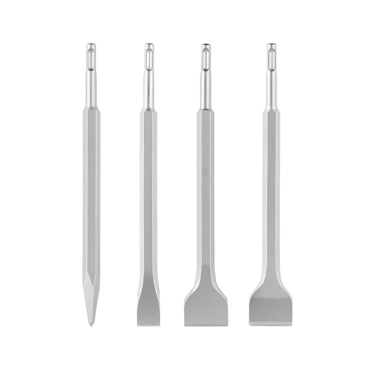 SDS Plus Chisel Set, 4 pcs SDS Plus Rotary Hammer Drill Attachments, Includes Point, Flat, & Angled Spade Chisels, Heat Treated 40Cr Alloy Steel, Sharp Edge for Demolition, Concrete and Brick