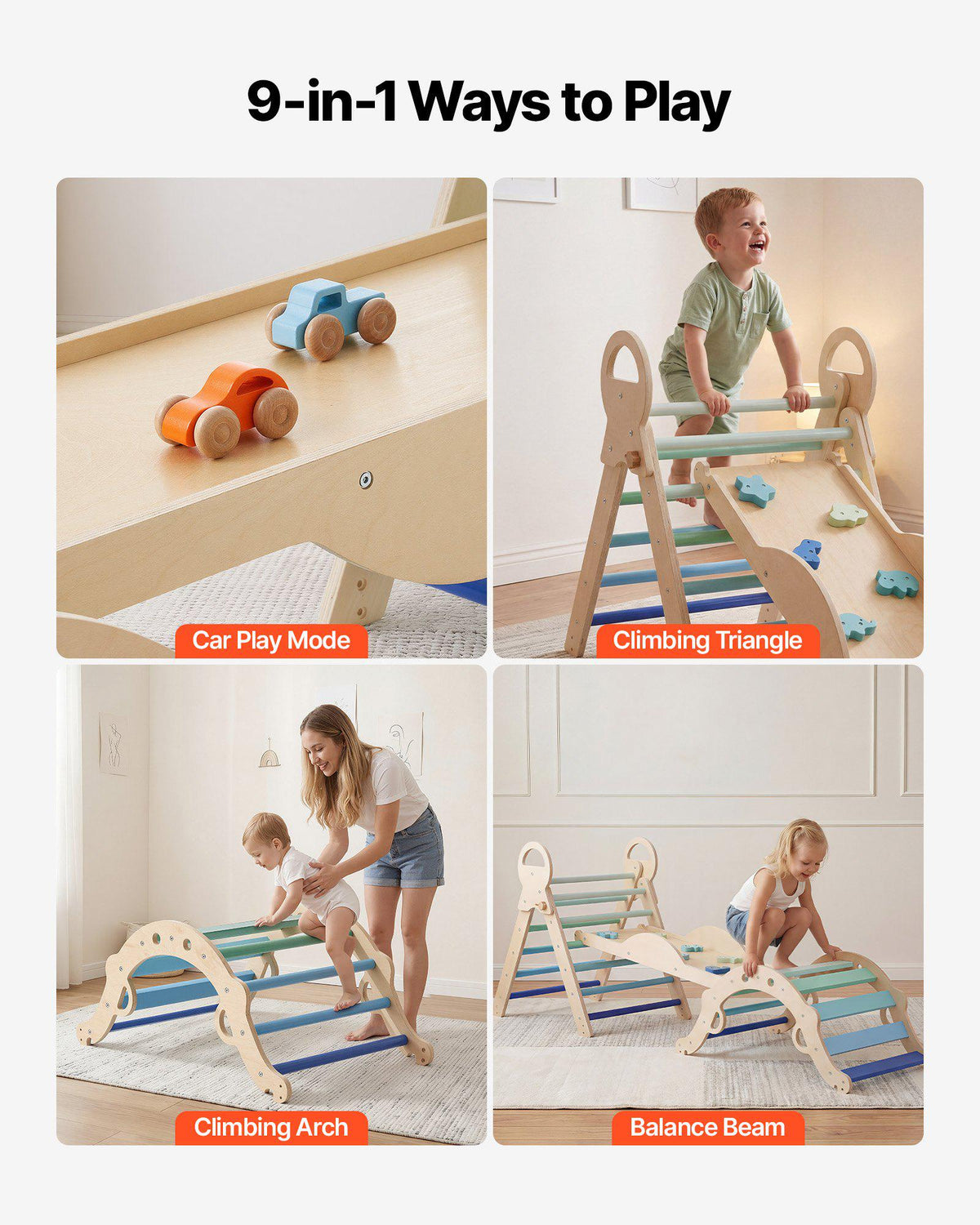 Pikler Triangle Set, 9-in-1 Toddler Climbing Toys Indoor, with 2 Wooden Cars, Cushion, Triangle, Arch, and Ramp, 150 lbs Load, Foldable Montessori Climbing Set for Toddlers and Kids, Blue