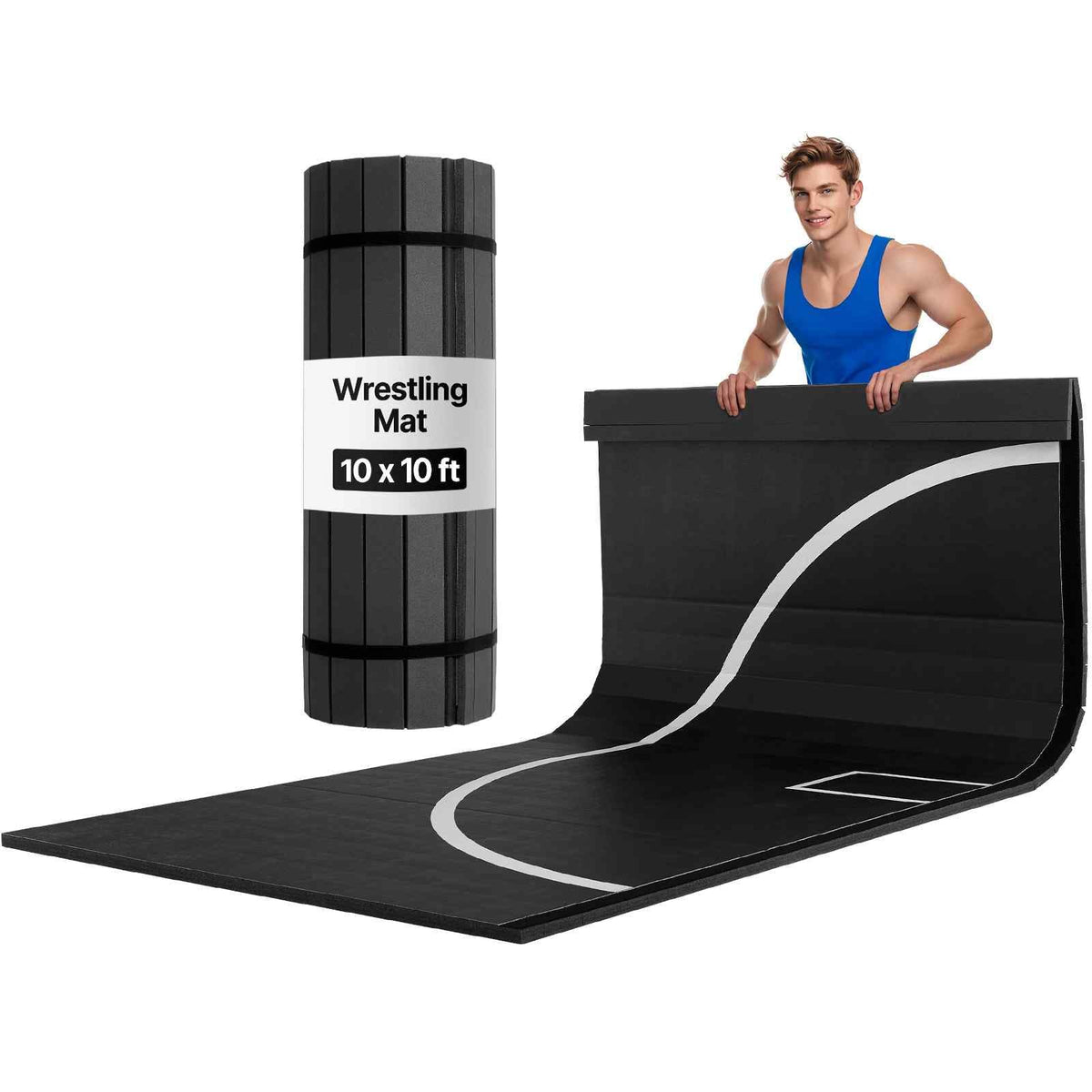 10x10 ft Wrestling Mat, Martial Arts Thick Mat for Home Gym Workouts Exercise, Waterproof PVC Roll-Up Training Mats with Circles, for Gymnastics, Tatami, Jiu Jitsu BJJ MMA Judo, Boxing, Black