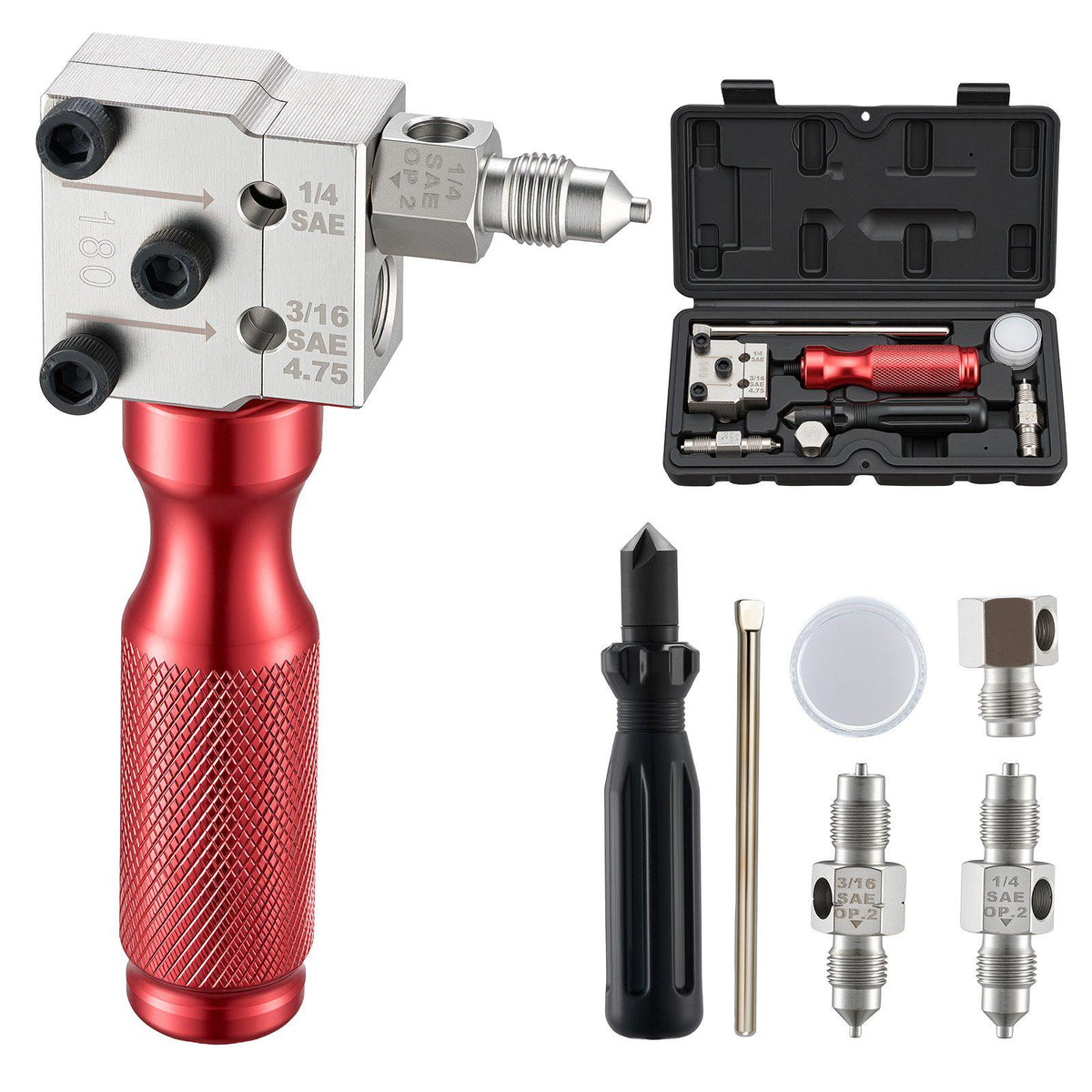 Brake Line Flaring Tool Kit, 45° Single & Double Flare Tool for 3/16", 1/4" Copper Tubing - with 2 Forming Dies, Deburring Tool & Toolbox for Automotive Brake Hydraulic Line Repair