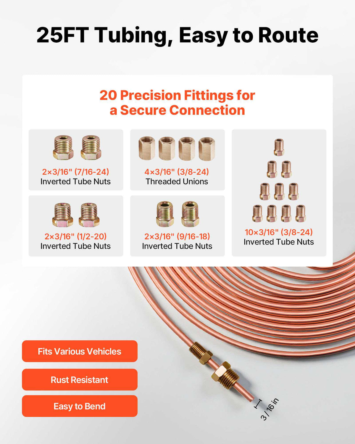 3/16" Brake Line Repair Kit, 45° Double & Single Brake Line Flaring Tool Kit, 25FT Copper Coated Brake Line (with 16 Fittings & 4 Unions) - Tube Cutter, 5 Adapters and Toolbox Included