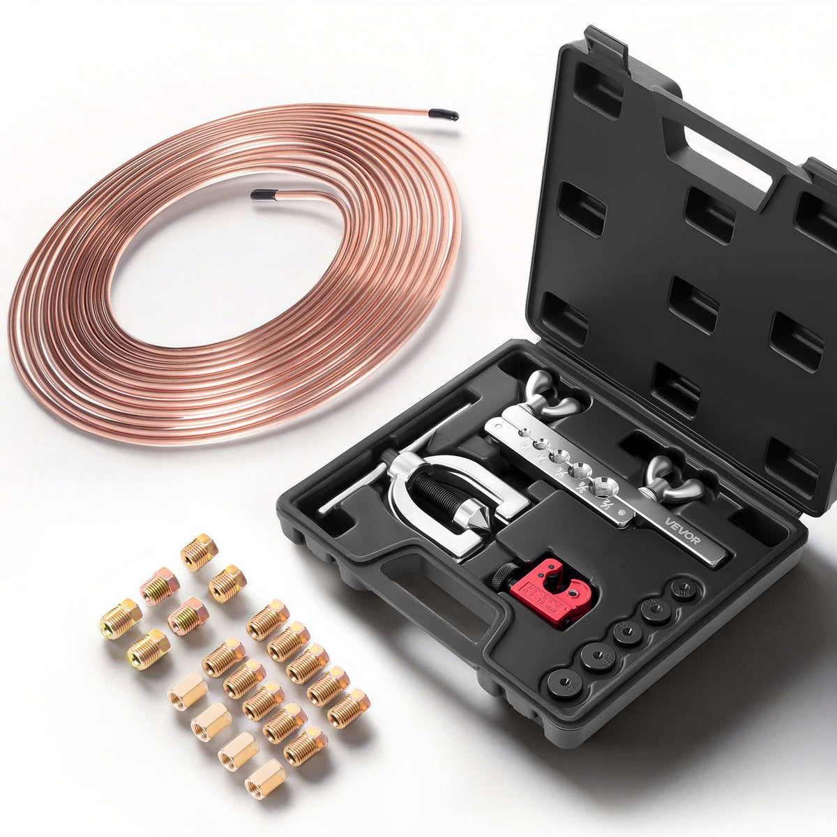3/16" Brake Line Repair Kit, 45° Double & Single Brake Line Flaring Tool Kit, 25FT Copper Coated Brake Line (with 16 Fittings & 4 Unions) - Tube Cutter, 5 Adapters and Toolbox Included
