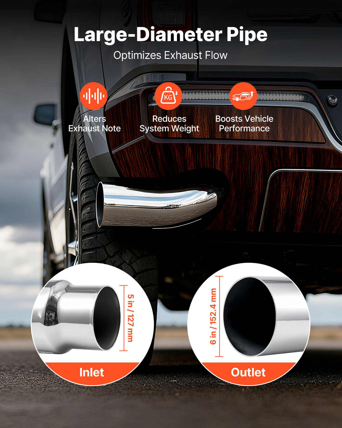 Elbow Exhaust Tip, 5 Inch Inlet, 6 Inch Outlet, 23 in Overall Length, Chrome Turn Down Exhaust Tip with Clamp for Truck, Sedan, Sports Car, SUV, Chrome Structure for High Temperature Resistance
